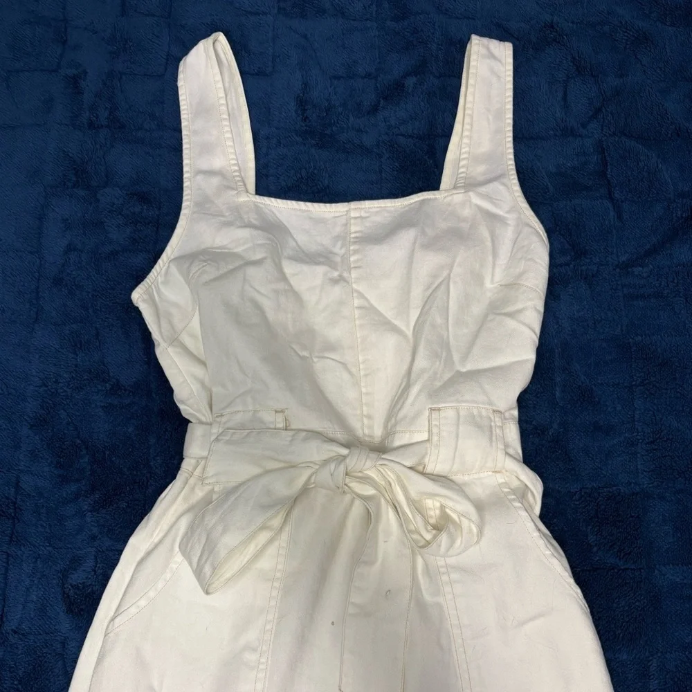 American Eagle Women White Denim Strappy Tie Belt Jumpsuit - Picture 2 of 9